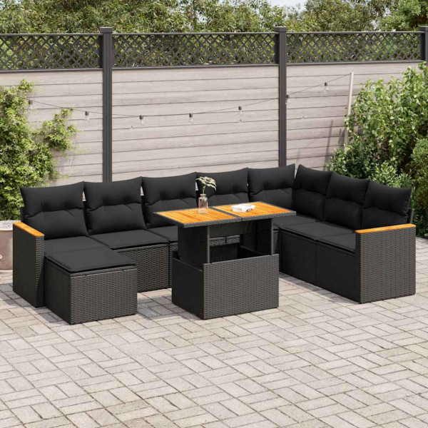 Conjuntos de sofás de jardim e almofadas 9 pcs sintético preto acacia rattan D