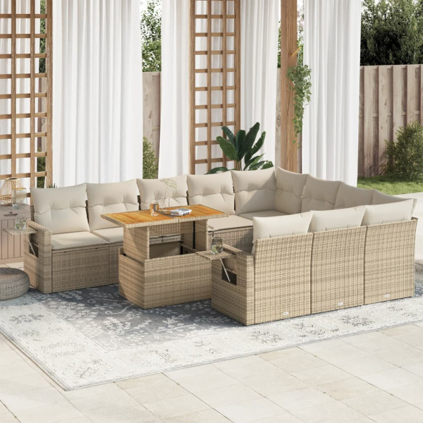 Set de sofás de jardín 11pzas con cojines ratán sintético beige Set de sofás de jardín 11pzas con cojines ratán sintético beige D