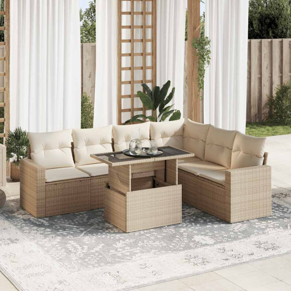 Definir sofás de jardim 7 peças e almofadas de rattan sintético bege D