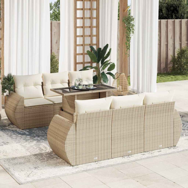 Definir sofás de jardim 7 peças e almofadas de rattan sintético bege D