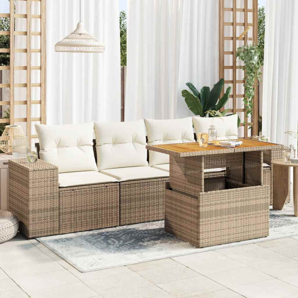 Juego de sofás jardín con cojines 5 pzas ratán sintético beige D