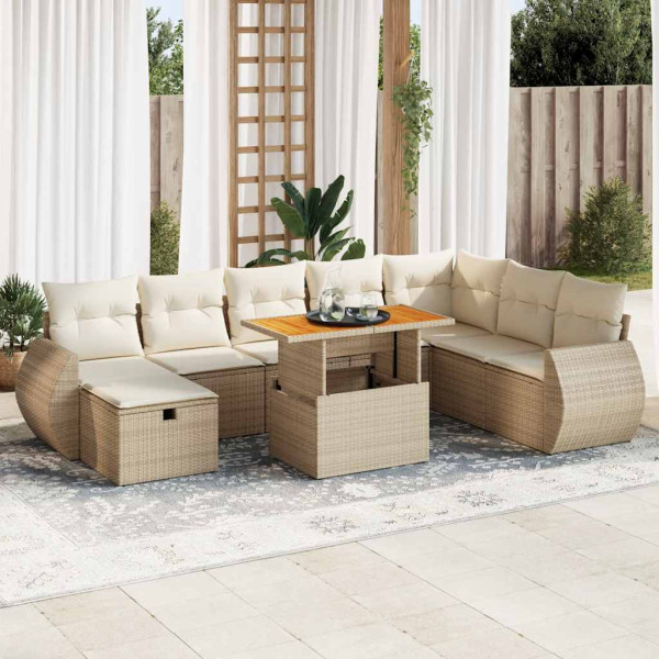 Set sofás jardín y cojines 9 pzas ratán sintético acacia beige Set sofás jardín y cojines 9 pzas ratán sintético acacia beige D