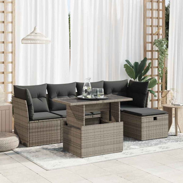 Set de muebles de jardín 6 pzas y cojines ratán sintético gris Set de muebles de jardín 6 pzas y cojines ratán sintético gris D