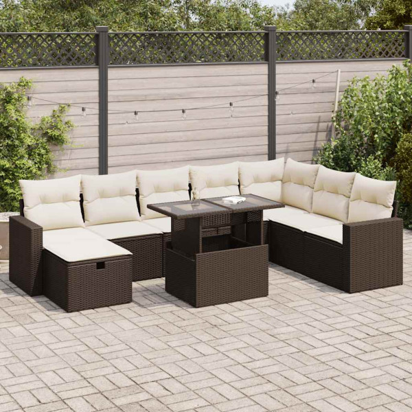 Set de sofás de jardín 9 pzas y cojines ratán sintético marrón Set de sofás de jardín 9 pzas y cojines ratán sintético marrón D