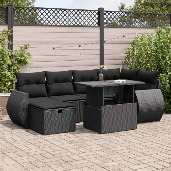 Set de sofás de jardín 7 pzas con cojines ratán sintético negro Set de sofás de jardín 7 pzas con cojines ratán sintético negro D