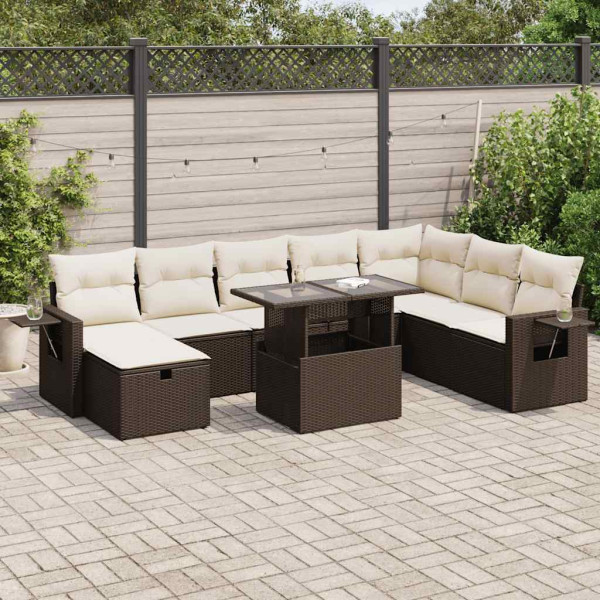 Set de sofás de jardín 9 pzas y cojines ratán sintético marrón Set de sofás de jardín 9 pzas y cojines ratán sintético marrón D
