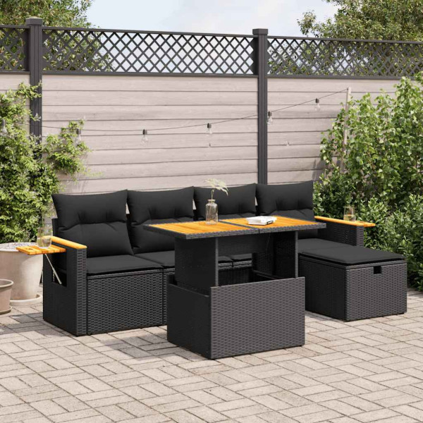 Set de sofás de jardín 6 piezas y cojines ratán sintético negro D