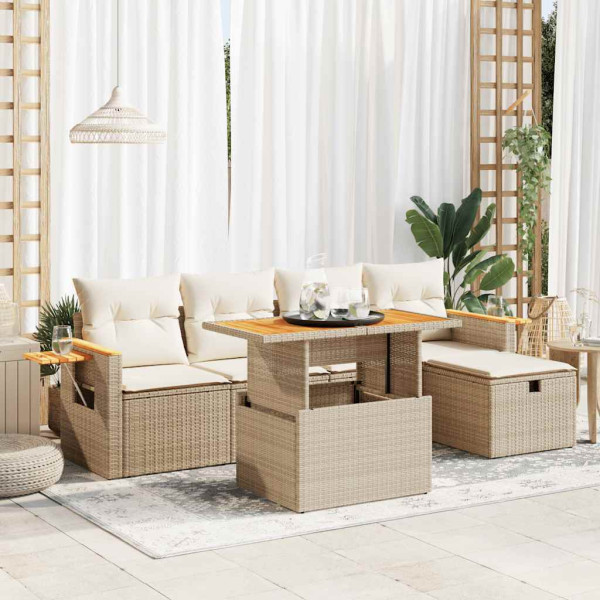 Juego de sofás jardín con cojines 6 pzas ratán sintético beige D