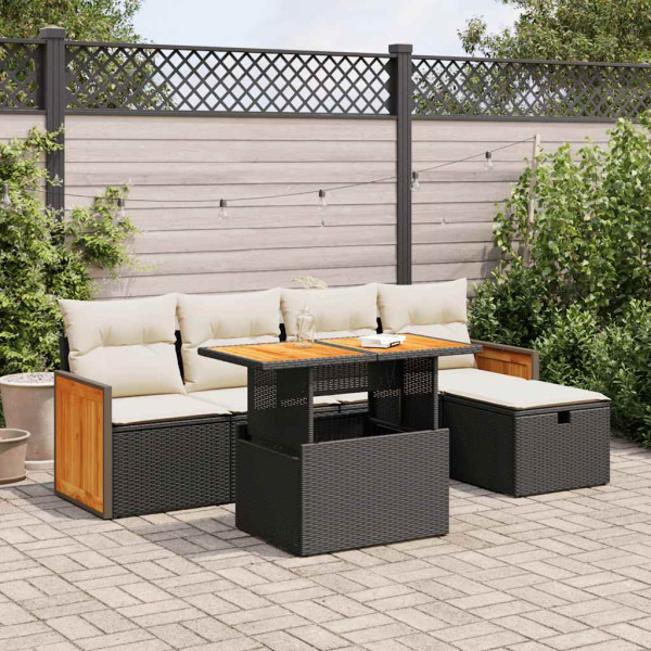 Set de sofás de jardín 6 piezas y cojines ratán sintético negro D