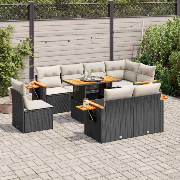 Set sofás jardín y cojines 9 pzas ratán sintético acacia negro D