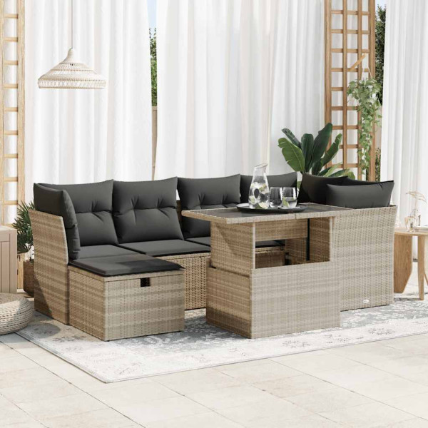 Set de sofás de jardín 7 pzas con cojines ratán PE gris claro Set de sofás de jardín 7 pzas con cojines ratán PE gris claro D