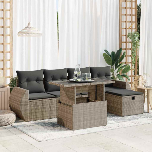 Set de muebles de jardín 6 pzas y cojines ratán sintético gris Set de muebles de jardín 6 pzas y cojines ratán sintético gris D