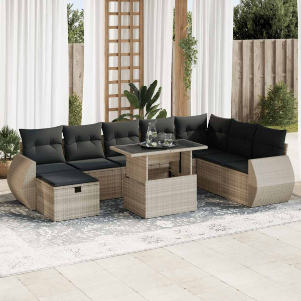 Set muebles jardín 9 pzas y cojines ratán sintético gris claro Set muebles jardín 9 pzas y cojines ratán sintético gris claro D