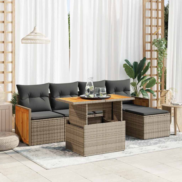 Set sofás jardín y cojines 6 pzas ratán sintético acacia gris Set sofás jardín y cojines 6 pzas ratán sintético acacia gris D