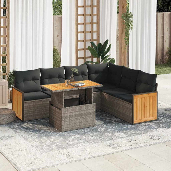 Set sofás jardín y cojines 7 pzas ratán sintético acacia gris Set sofás jardín y cojines 7 pzas ratán sintético acacia gris D