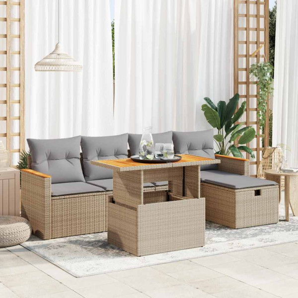 Juego de sofás jardín con cojines 6 pzas ratán sintético beige D
