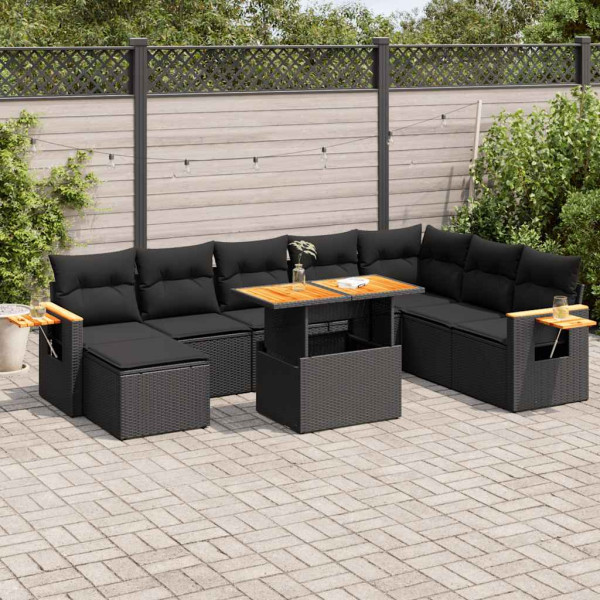 Set sofás jardín y cojines 7 pzas ratán sintético acacia negro D
