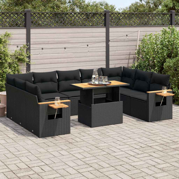 Set sofás jardín y cojines 10 pzas ratán sintético acacia negro D