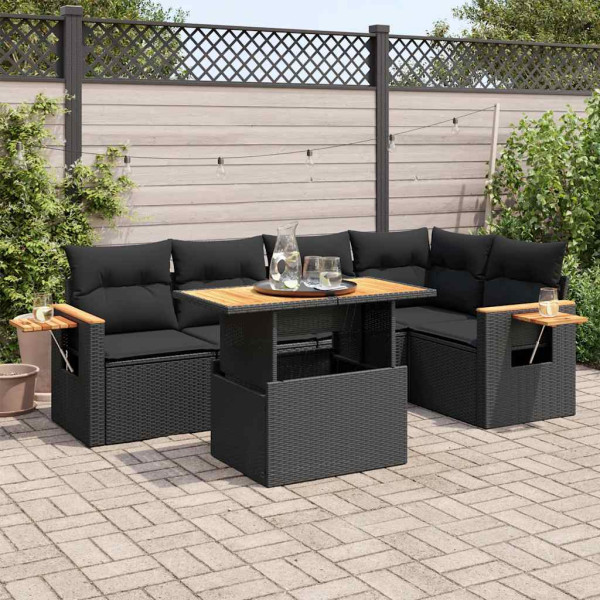 Set sofás jardín y cojines 5 pzas ratán sintético acacia negro D