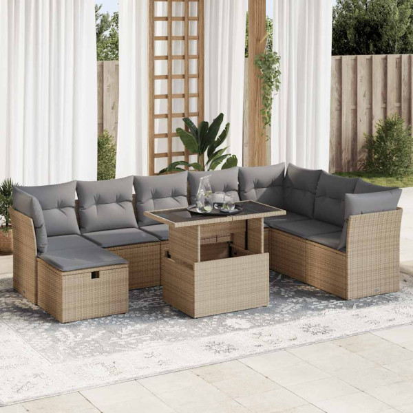 Set de sofás de jardín con cojines 9 pzas ratán sintético beige Set de sofás de jardín con cojines 9 pzas ratán sintético beige D