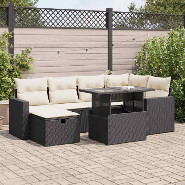 Set de sofás de jardín 7 pzas con cojines ratán sintético negro Set de sofás de jardín 7 pzas con cojines ratán sintético negro D