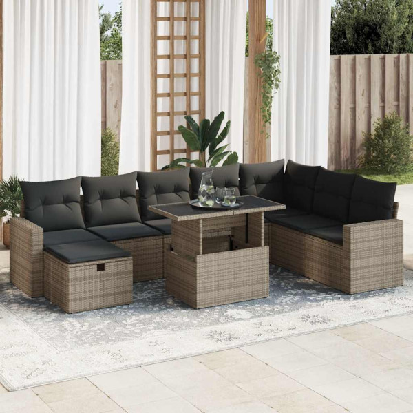 Set de sofás de jardín con cojines 9 pzas ratán sintético gris Set de sofás de jardín con cojines 9 pzas ratán sintético gris D
