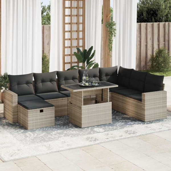 Set muebles jardín 9 pzas y cojines ratán sintético gris claro Set muebles jardín 9 pzas y cojines ratán sintético gris claro D