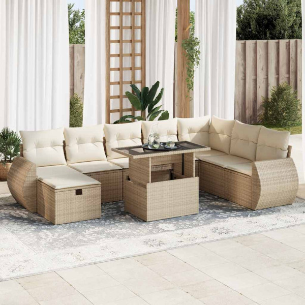 Set de sofás de jardín con cojines 9 pzas ratán sintético beige Set de sofás de jardín con cojines 9 pzas ratán sintético beige D