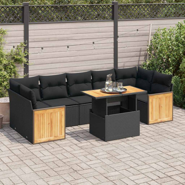 Set sofás jardín y cojines 8 pzas ratán sintético acacia negro D