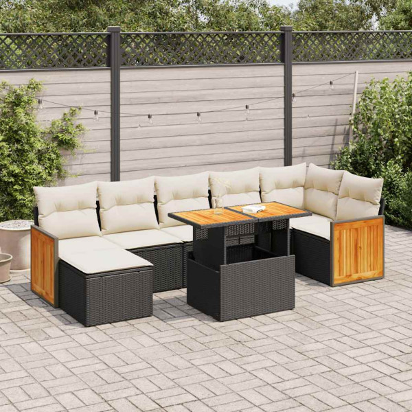 Set sofás jardín y cojines 7 pzas ratán sintético acacia negro D