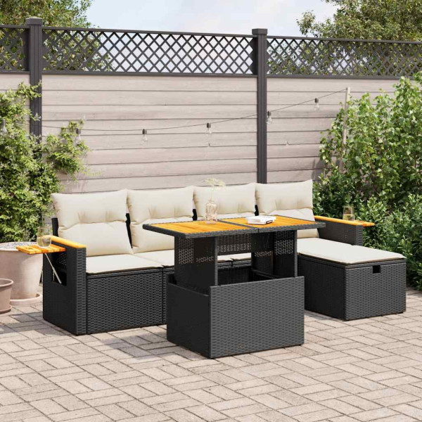 Set de sofás de jardín 6 piezas y cojines ratán sintético negro D