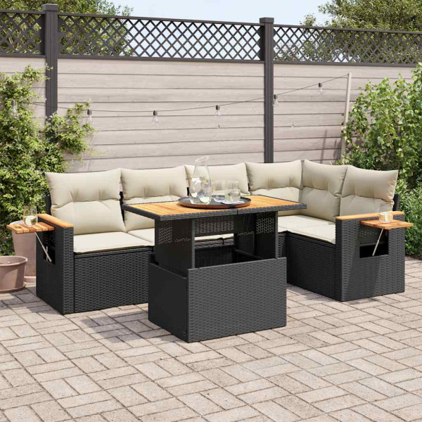 Set sofás jardín y cojines 5 pzas ratán sintético acacia negro D