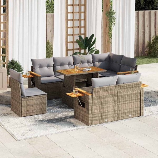 Set sofás jardín y cojines 9 pzas ratán sintético acacia beige D