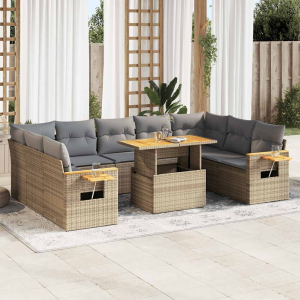 Set sofás jardín y cojines 10 pzas ratán sintético acacia beige D