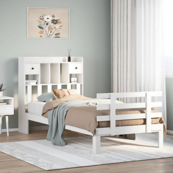 Cama con estantería sin colchón madera maciza blanca 75x190 cm Cama con estantería sin colchón madera maciza blanca 75x190 cm D