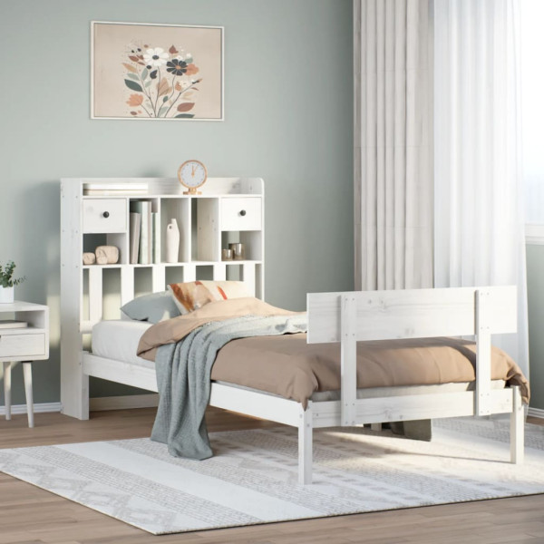 Cama con estantería sin colchón madera maciza blanca 75x190 cm Cama con estantería sin colchón madera maciza blanca 75x190 cm D
