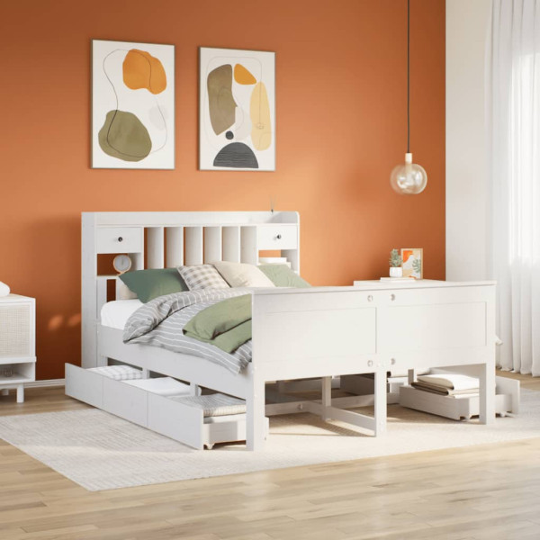 Cama con estantería sin colchón madera maciza blanca 160x200 cm Cama con estantería sin colchón madera maciza blanca 160x200 cm D