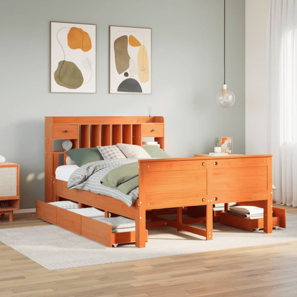 Cama con estantería sin colchón madera maciza marrón 140x200 cm Cama con estantería sin colchón madera maciza marrón 140x200 cm D
