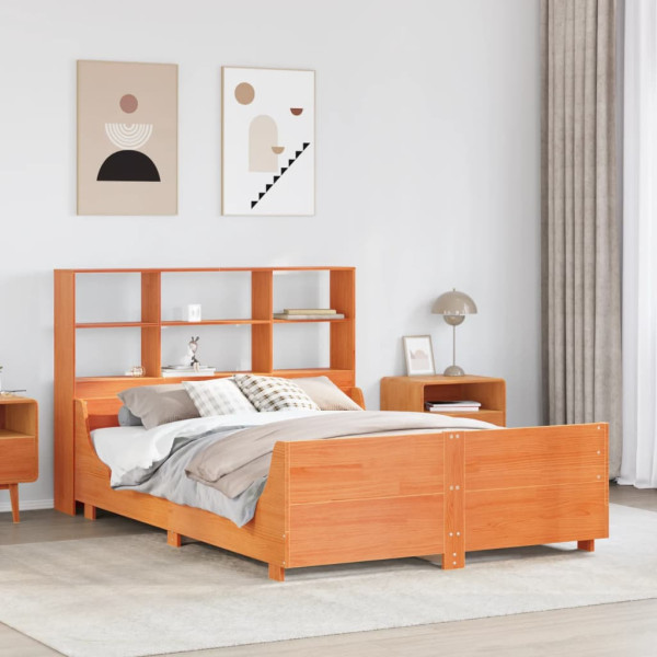 Cama con estantería sin colchón madera maciza marrón 140x190 cm Cama con estantería sin colchón madera maciza marrón 140x190 cm D