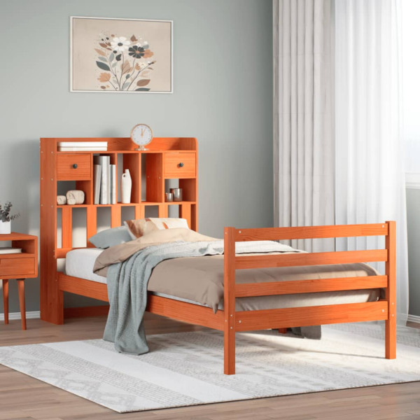 Cama con estantería sin colchón madera maciza marrón 75x190 cm Cama con estantería sin colchón madera maciza marrón 75x190 cm D