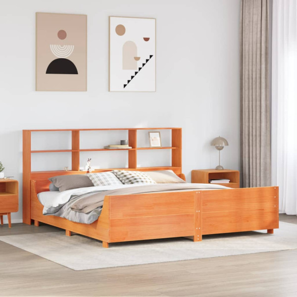 Cama con estantería sin colchón madera maciza marrón 200x200 cm Cama con estantería sin colchón madera maciza marrón 200x200 cm D