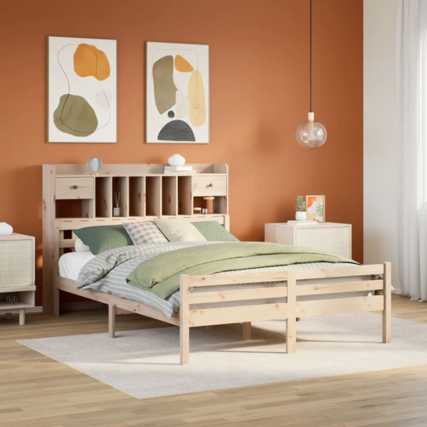Cama con estantería sin colchón madera maciza de pino 140x190cm Cama con estantería sin colchón madera maciza de pino 140x190cm D