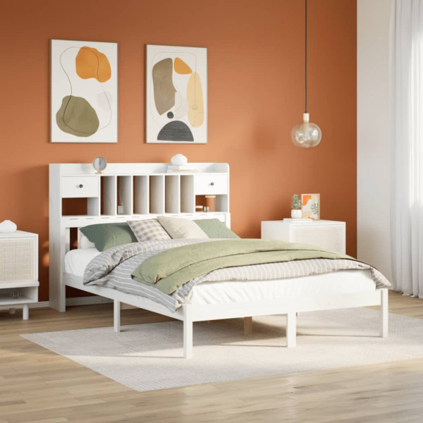 Cama con estantería sin colchón madera maciza blanca 160x200 cm Cama con estantería sin colchón madera maciza blanca 160x200 cm D
