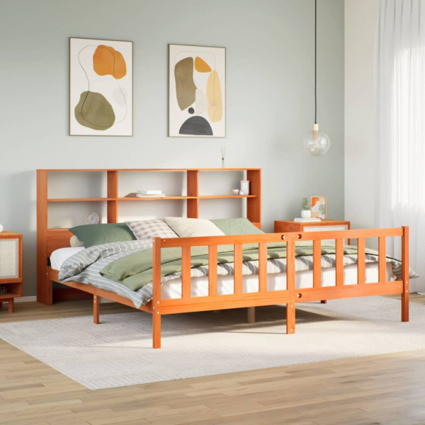 Cama con estantería sin colchón madera maciza marrón 200x200 cm Cama con estantería sin colchón madera maciza marrón 200x200 cm D