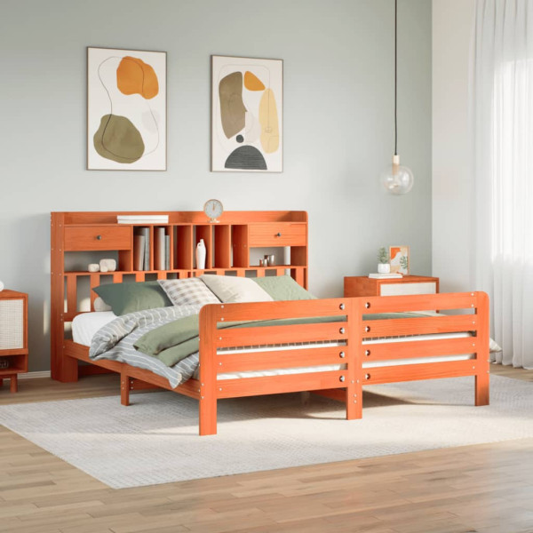 Cama con estantería sin colchón madera maciza marrón 200x200 cm Cama con estantería sin colchón madera maciza marrón 200x200 cm D