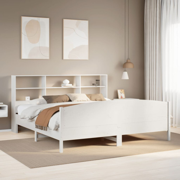 Cama con estantería sin colchón madera maciza blanca 200x200 cm Cama con estantería sin colchón madera maciza blanca 200x200 cm D