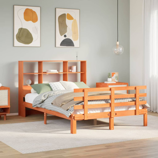 Cama con estantería sin colchón madera maciza marrón 135x190cm Cama con estantería sin colchón madera maciza marrón 135x190cm D