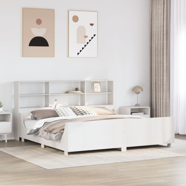 Cama con estantería sin colchón madera maciza blanca 200x200 cm Cama con estantería sin colchón madera maciza blanca 200x200 cm D
