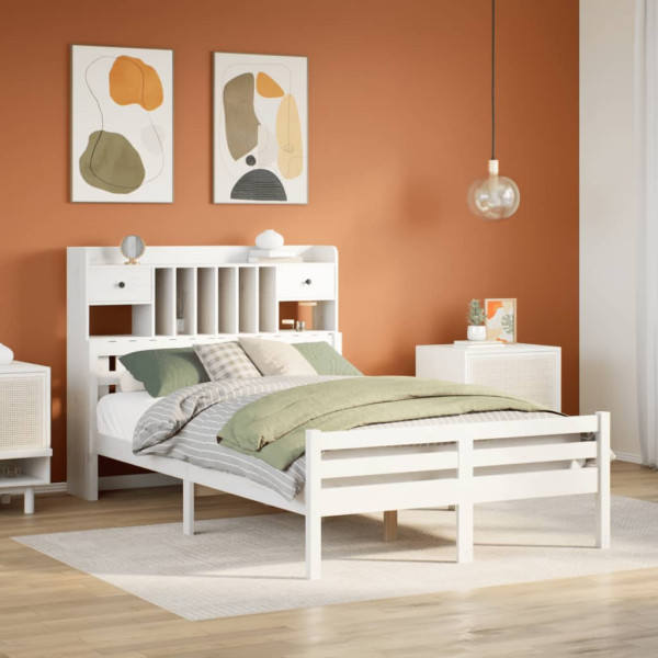 Cama con estantería sin colchón madera maciza blanca 135x190 cm Cama con estantería sin colchón madera maciza blanca 135x190 cm D