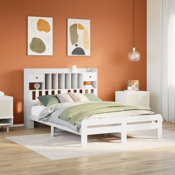 Cama con estantería sin colchón madera maciza blanca 140x200 cm Cama con estantería sin colchón madera maciza blanca 140x200 cm D